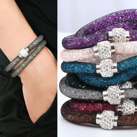 Fashion Jewelry Handmade Bracelets Women Charm Rhinestone Double Mesh Full Crystal Magnetic Slimming Clasp Wrap Bangle Jewelry