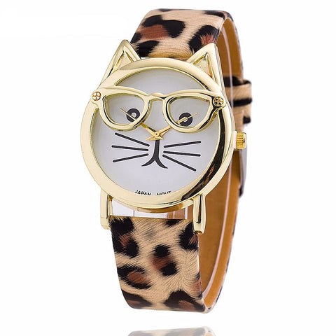 Women's Cat With Glasses Watch With Leather Band