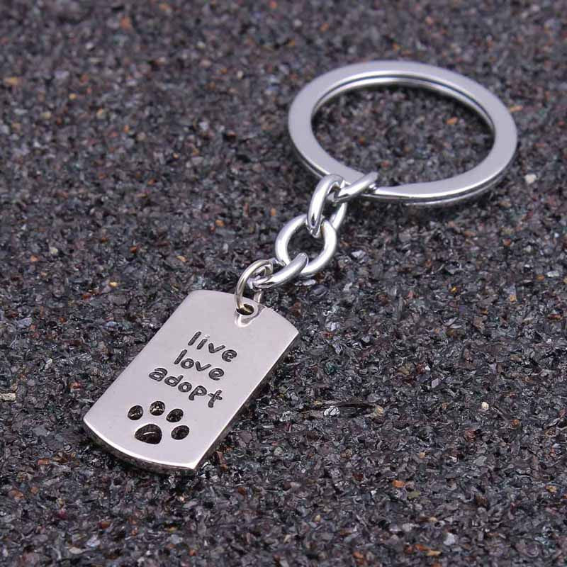 Fashion Rectangular Dog Tag Style Pendant Cat Dogs " live love adopt " Pet Rescue Paw Print Tag Keychains Key Ring Jewelry Gift
