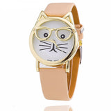 Women's Cat With Glasses Watch With Leather Band
